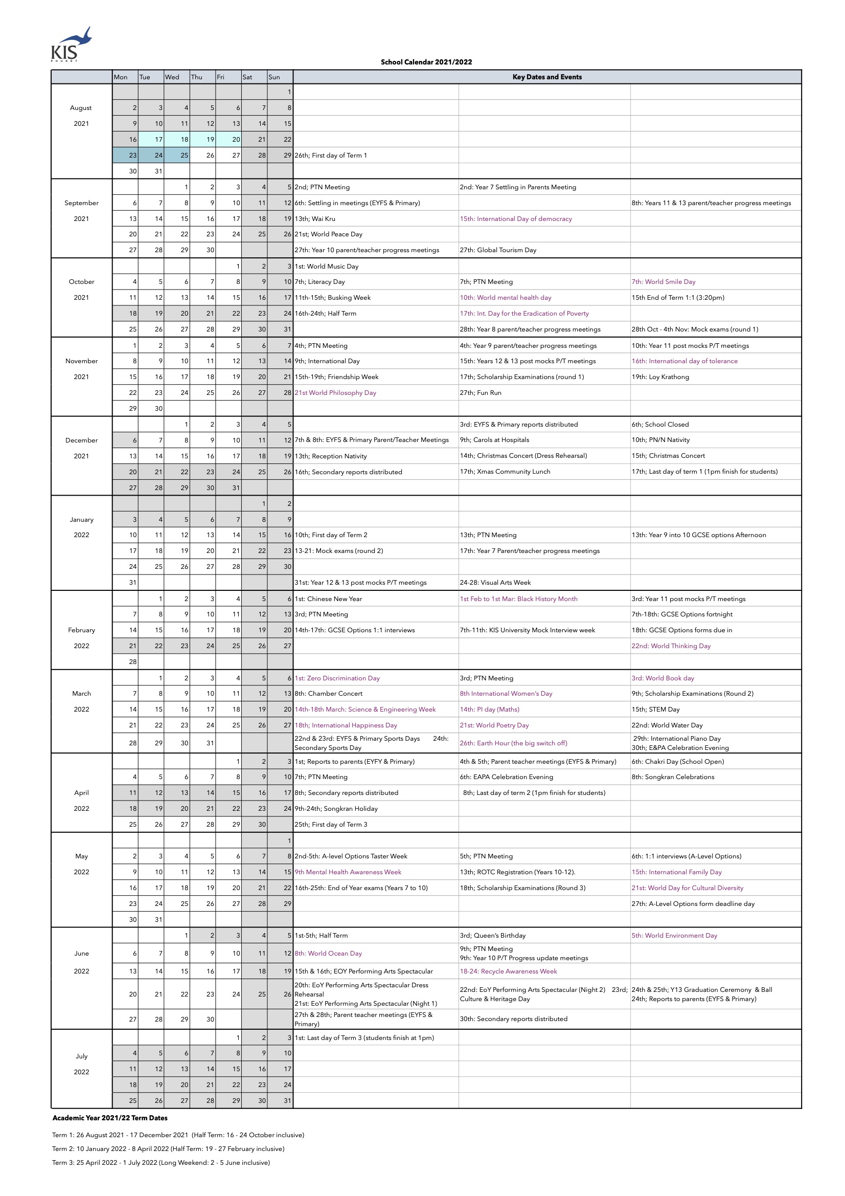 School Calendar – Kisp Academy